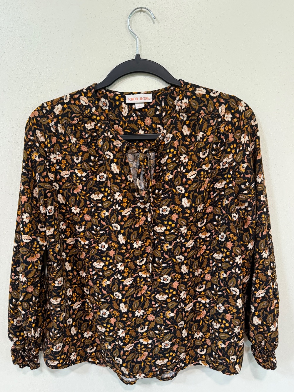 Knox Rose Black Floral Tie-Neck Peasant Blouse